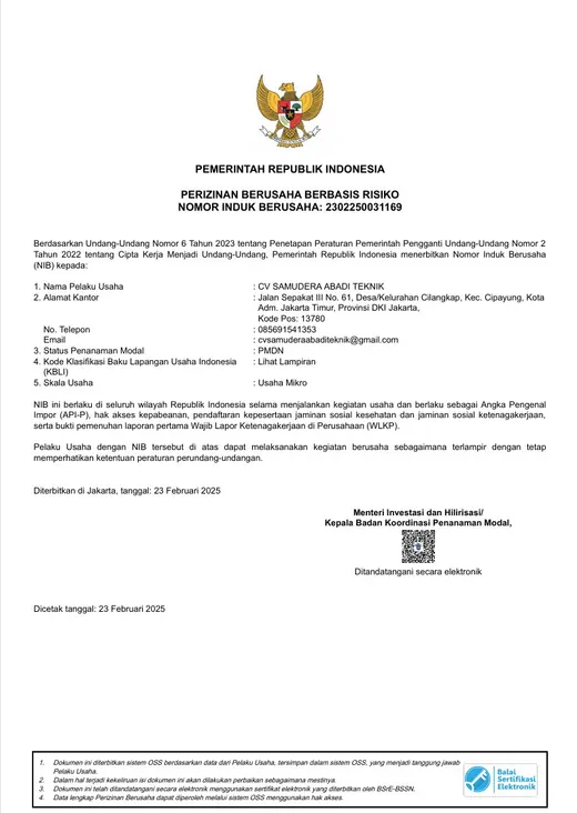 Sertifikat Standar KBLI 43224